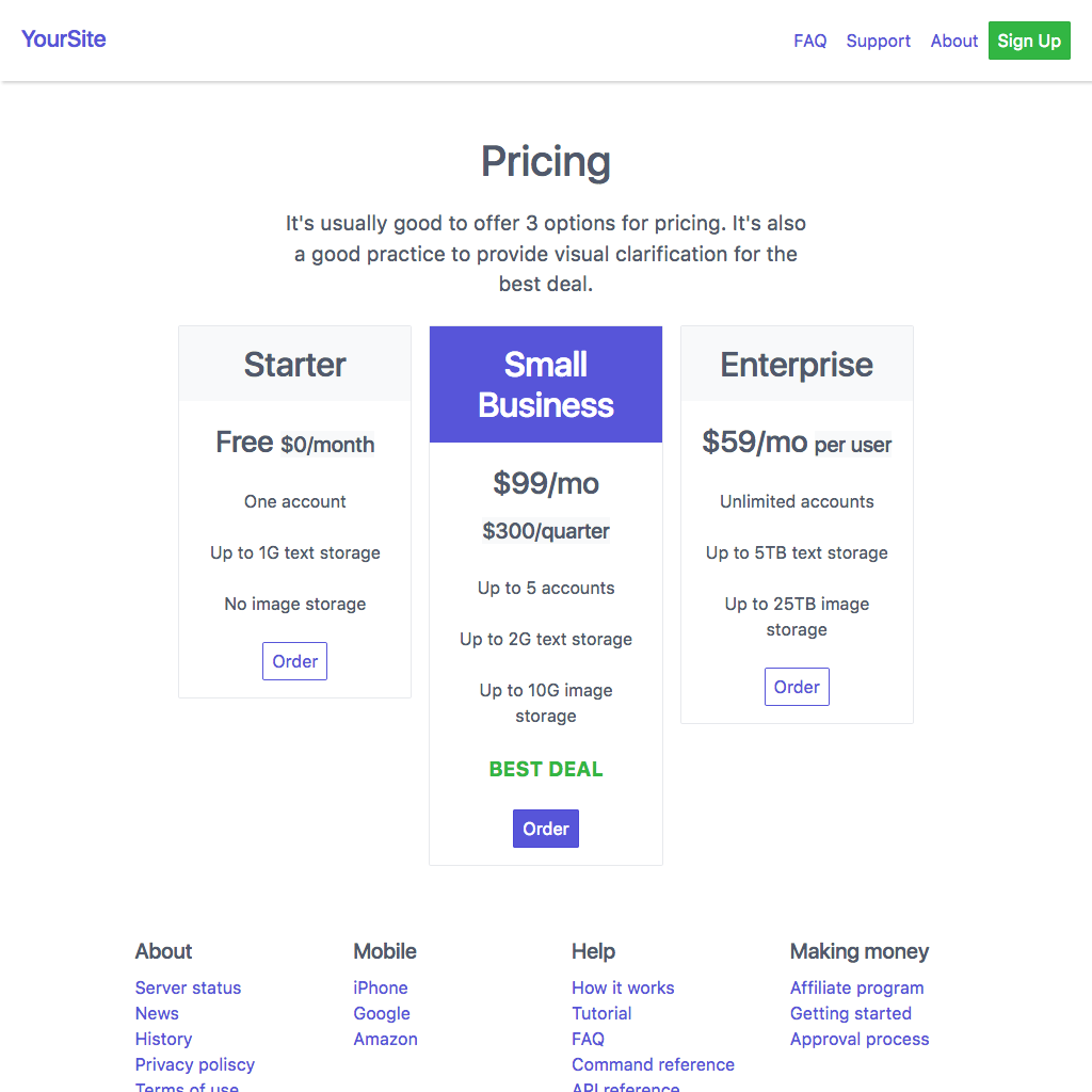 Screen shot of the gallery pricing template